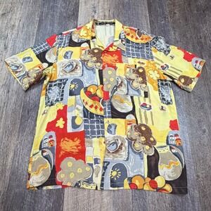 Alan Stuart Button Up Shirt Mens Large Yellow Abstract Still Life Rayon Vintage